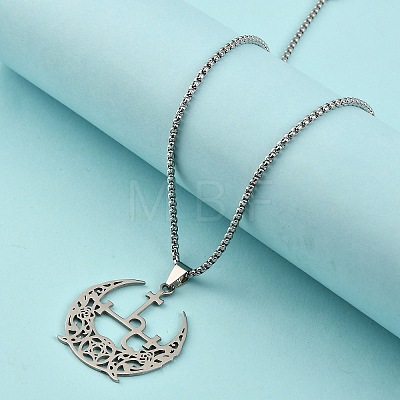 304 Stainless Steel Hollow Crescent Moon Pendant Box Chain Necklaces NJEW-M086-02P-1