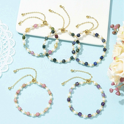 Adjustable Natural Gemstone & Cultured Freshwater Pearl Beads Slider Bracelets for Women BJEW-JB13609-1