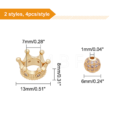 CHGCRAFT 8Pcs 2 Styles CZ Brass Micro Pave Grade AAA Cubic Zirconia Beads KK-CA0001-38G-1
