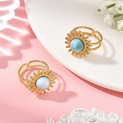 Natural Larimar Cabochons & Stainless Steel Cuff Open Rings RJEW-JR01090-01-1