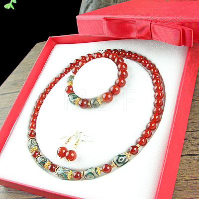 Natural Dragon Bone Stone Round Beaded Necklaces & Beaded Bracelets & Dangle Earrings Sets WGE6446-07-1