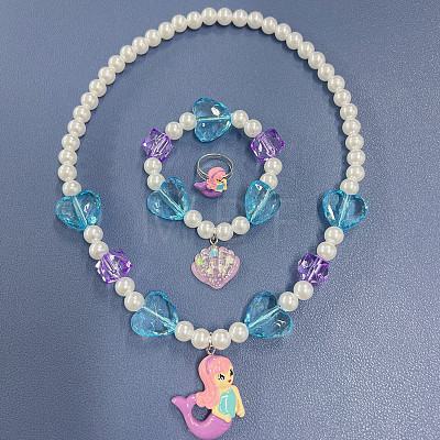 Resin & Glass Bead Pendant Necklaces & Charm Bracelets & Rings Sets FS-WGCCE83-02-1