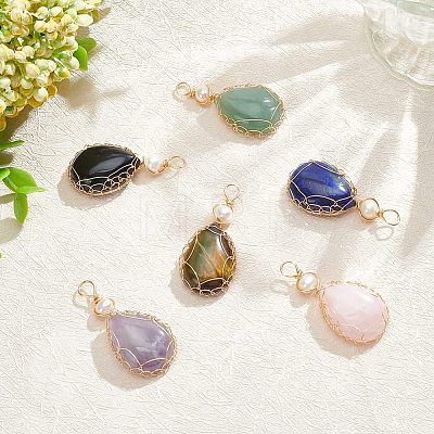  6Pcs 6 Styles Natural Gemstone Copper Wire Wrapped Pendants G-NB0003-75-1