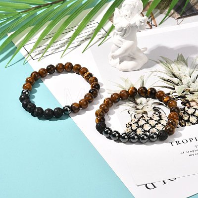 Natural Tiger Eye & Lava Rock & Synthetic Hematitie Beads Stretch Bracelet Set BJEW-JB07030-1