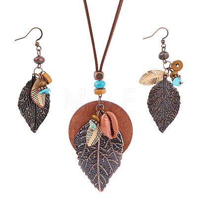Bohemian Style Leaf Alloy & Wood Pendant Necklaces & Dangle Earrings Sets SJEW-CL0001-03-1