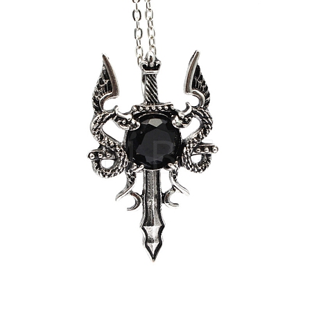 Natural Obsidian Dragon Sword Pendant Necklace G-PW0004-67D-1