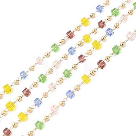 Faceted Cube Glass & Round Beaded Chains CHC-G018-03KCG-03-1