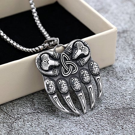 Retro 304 Stainless Steel Viking Bear Paw Pendant Necklaces FS-WGBA6D4-01-1