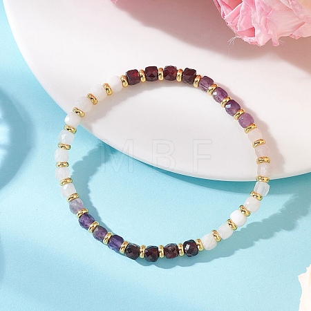 Natural Rose Quartz & Garnet & Rainbow Moonstone & Amethyst Beaded Stretch Bracelets BJEW-JB13485-01-1