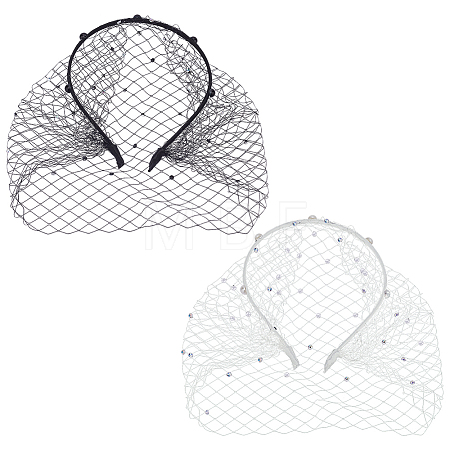 2Pcs 2 Colors Bridal Rhinestones Pearl Mesh Veil Cloth Hair Bands OHAR-BC0001-03-1