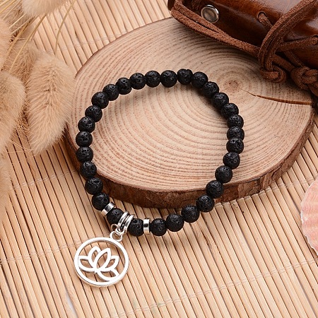 Natural Lava Rock Beaded Stretch Charm Bracelets BJEW-JB02095-03-1
