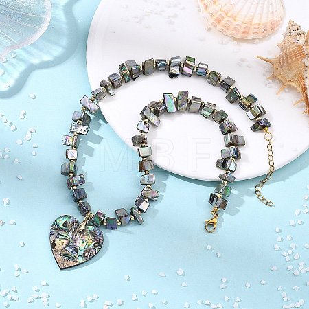 Natural Paua Shell Heart Pendant Electroplated Natural Freshwater Shell Beaded Necklaces NJEW-JN06325-1