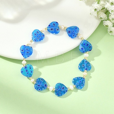 Handmade Millefiori Lampwork Heart & Natural Pearl Beaded Stretch Bracelets BJEW-JB14294-01-1