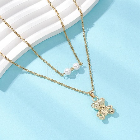 Alloy Bear and White Round Pendant 304 Stainless Steel Cable Chain Double Layer Necklaces for Women NJEW-JN05758-01-1