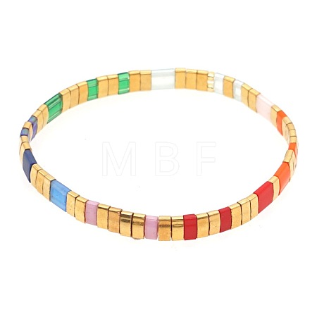 Bohemian Rainbow Glass Flat Double-Hole Bead Striped Women's Stretch Bracelets for Women QS8192-6-1