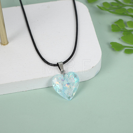 Luminous Heart with Paillette Inside Pendant Black Wax Cord Necklaces FS-WGF75A0-10-1