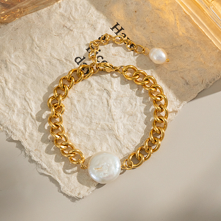 Elegant Flat Round Elegant Baroque Pearl Bead Link Bracelets LS-SX2805-2-1
