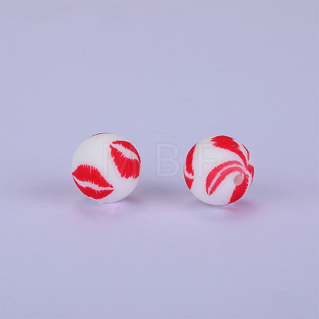 Printed Round with Lip Pattern Silicone Focal Beads SI-JX0056A-193-1
