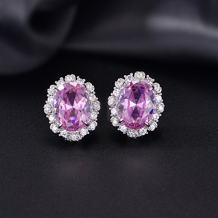 Brass Micro Pave Cubic Zirconia Oval Stud Earrings for Women QP4934-2-1