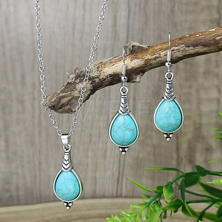 Synthetic Turquoise Pendant Necklaces & Dangle Earrings Sets WGE96E9-04-1