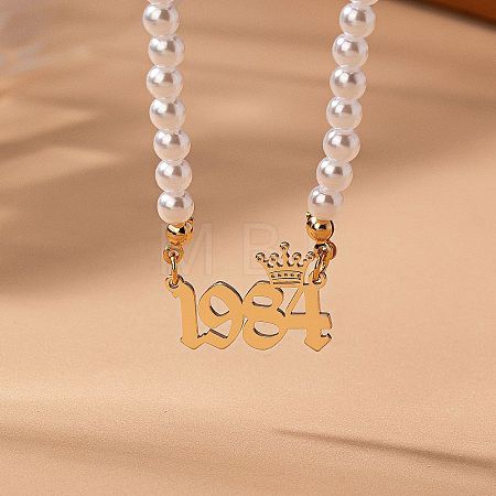 Alloy Crown Birth Year Pendant Imitation Pearl Round White Beaded Necklaces for Women FS-WG173C9-24-1