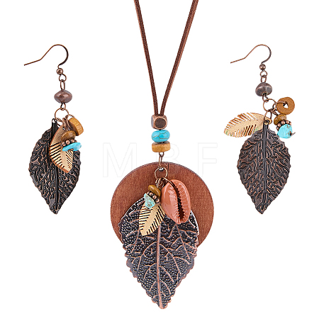 Bohemian Style Leaf Alloy & Wood Pendant Necklaces & Dangle Earrings Sets SJEW-CL0001-03-1