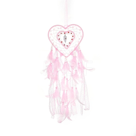 Heart Woven Web/Net with Feather Hanging Ornaments HJEW-G025-12A-1