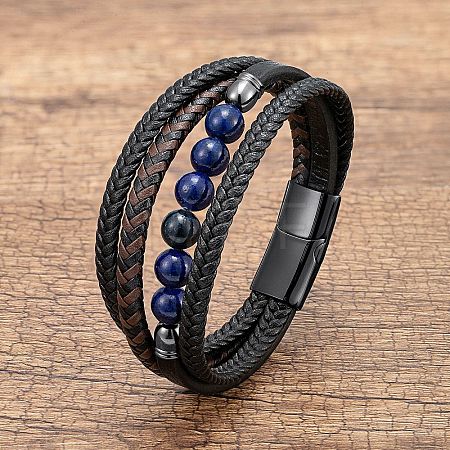 Natural Sodalite Round Beads & Braided Imitation Leather Cord Bracelets for Men FS-WGCE7B3-11-1