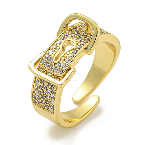 Rack Plating Brass Micro Pave Cubic Zirconia Belt Shape Open Cuff Rings for Women RJEW-F162-10G-1