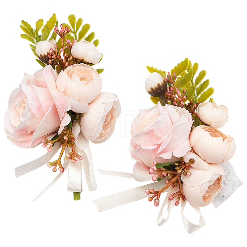 2Pcs 2 Style Silk Cloth Rose Flower Boutonniere Brooch & Wrist Corsage AJEW-CP0001-52-1
