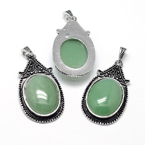 Oval Antique Silver Zinc Alloy Natural Green Aventurine Big Pendants G-F228-27G-FF-1