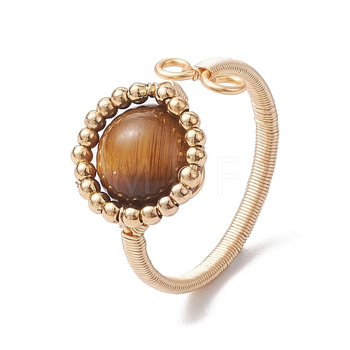 Copper Wire Wrapped Half Round Natural Tiger Eye Cuff Rings for Women RJEW-TA00137-03-1