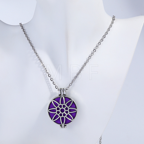 Alloy Hollow Flower Diffuser Locket Pendant Necklaces with Purple Velvet Aromatherapy Tablets Inside ZC3163-1