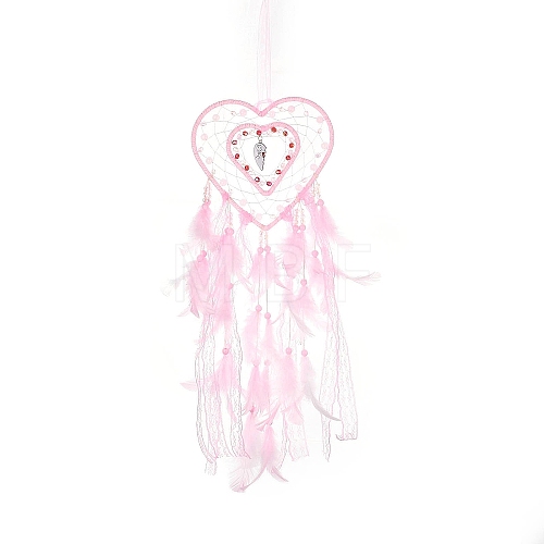 Heart Woven Web/Net with Feather Hanging Ornaments HJEW-G025-12A-1