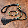 Glass & African Turquoise(Jasper) & Tiger Eye Round Rosaries Beaded Tassel Pendant Necklaces & Bracelets Sets FS-WGB975F-03-1