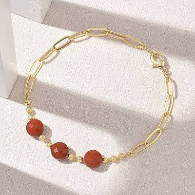 Natural Red Jasper Faceted Flat Round Beaded Brass Paperclip Chain Bracelets GG-CBA37F5-02G-11-1