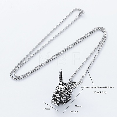 Punk Style 304 Stainless Steel Japanese Noh Mask Pendant Box Chain Necklaces for Men MI4934-1
