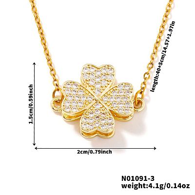 Saint Patrick's Day Clover Brass Micro Pave Clear Cubic Zirconia Pendant Necklaces for Women UQ5497-1-1