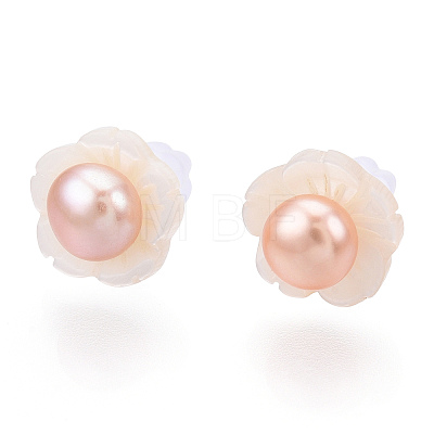 Natural Pearl & White Shell Flower Stud Earrings PEAR-N020-05J-1