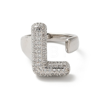 Letter Brass Micro Pave Clear Cubic Zirconia Open Cuff Ring for Women RJEW-N046-03L-P-1