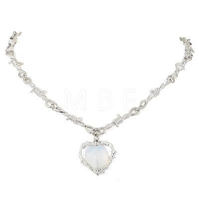 Opalite Heart Pendant Alloy Barbed Wire Link Chain Necklaces for Women NJEW-JN05614-1