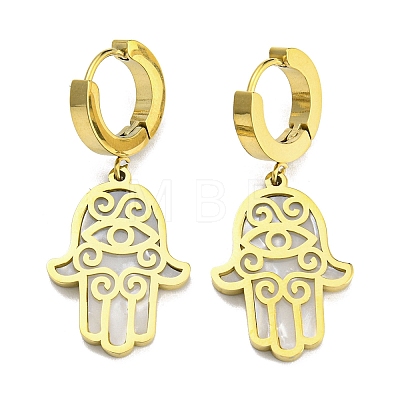 Ion Plating(IP) 304 Stainless Steel Dangle Hoop Earring with Synthetic Shell EJEW-H097-02G-1