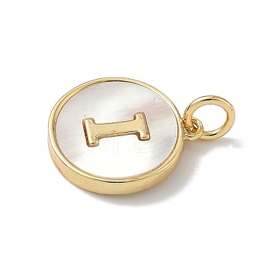 Brass Pave Natural Shell Flat Round with Letter Charms KK-Z115-13G-I-1