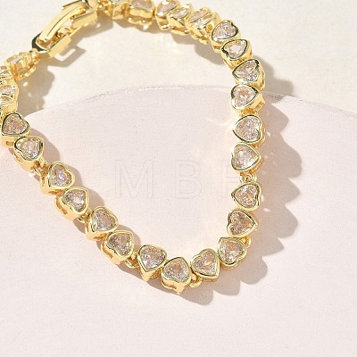 Heart Brass Micro Pave Clear Cubic Zirconia Link Chain Bracelets for Women BJEW-C156-07C-G-1