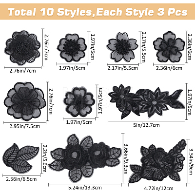 Gorgecraft 30Pcs 10 Style Flower/Leaf Organza Embroidery Sew on Appliques PATC-GF0001-28-1