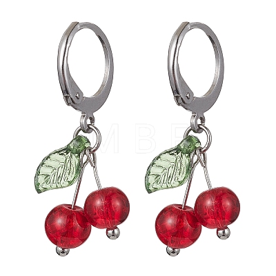 Cherry Glass with Acrylic Dangle Leverback Earrings EJEW-JE05612-1