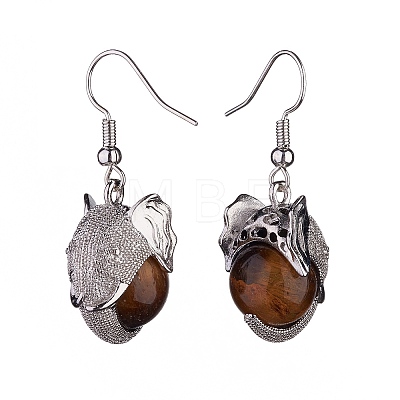 Natural Tiger Eye Elephant Head Dangle Earrings EJEW-A092-07P-04-1