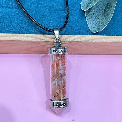 Zinc Alloy with Glass Hexagonal Bottle with Inner Natural Red Agate Chips Pendant Black PU Leather Cord Necklaces ZW0534-17-1