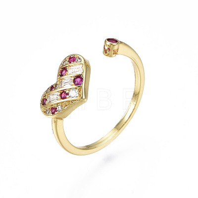 Medium Violet Red Cubic Zirconia Heart Open Cuff Ring for Women RJEW-N035-086-1