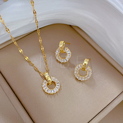 Brass Micro Pave Cubic Zirconia Pendant Necklace & Stud Earrings WG7AC39-45-1